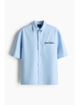 H&M - Men Blue Relaxed Fit Short-Sleeved Embroidered Oxford Shirt