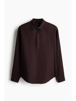 H&M - Men Brown Relaxed Fit Linen-Blend Popover Shirt