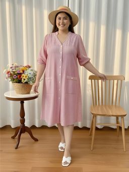 Indietoga Plus Size - Women Pink Cotton Stripes Dress