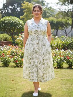 Indietoga Plus Size - Women Beige Cotton Floral Dress