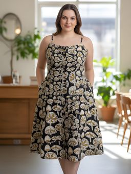 Indietoga Plus Size - Women Black Cotton Printed Dress