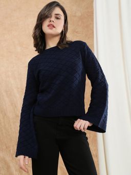 Globus - Women Blue Acrylic Self Design Sweater