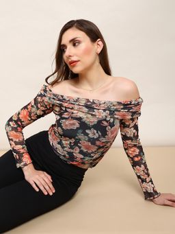 Globus - Women Black Mesh Floral Top
