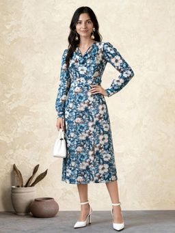 Globus - Women Blue Moss Crepe Floral Dress With Belt