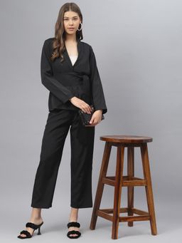 Deebaco - Women Black Polyester Solid Coat With Trouser And Belt