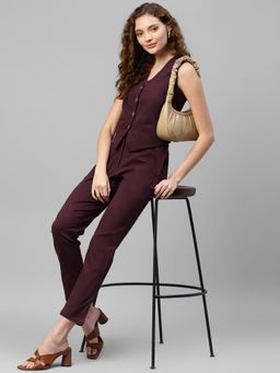 Deebaco - Women Wine Rayon Solid Waistcoat With Trouser