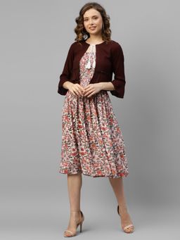 Deebaco - Women Off White Rayon Floral Dress With Shrug