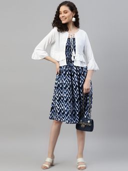 Deebaco - Women Blue Rayon Printed Dress With Shrug