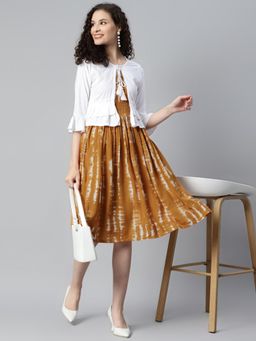 Deebaco - Women Mustard Rayon Tie & Dye Dress With Shrug