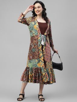 Deebaco - Women Brown Rayon Printed Dress With Shrug