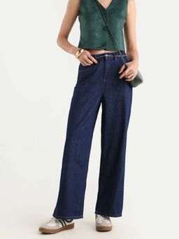 RAREISM - Navy Blue Solid Wide Leg Jeans