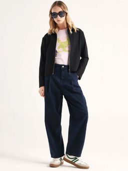 RAREISM - Navy Blue Solid Relaxed Carrot Fit Jeans