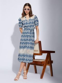 Latin Quarters - Women Blue Cotton Embroidered Dress