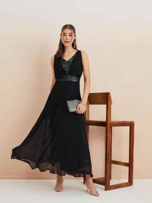 black polyester dress Black Woven Cross Strap Midi Dress Black / L