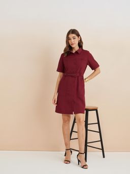Latin Quarters - Women Maroon Polyester Solid Dress With Belt