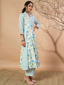 PINKSKY - Women White Blue Floral Anarkali Kurta with Palazzo (Set of 2)