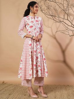 PINKSKY - Women White Pink Floral Anarkali Kurta with Palazzo (Set of 2)