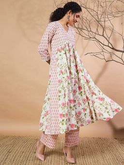 PINKSKY - Women White Pink Floral Anarkali Kurta with Palazzo (Set of 2)