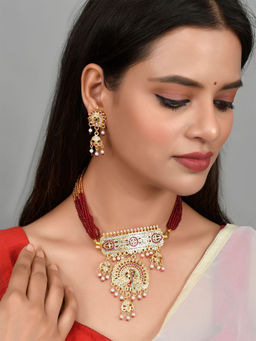 Silvermerc Designs - Gold Plated Peacock Choker Rajputi Necklace Jewellery Set