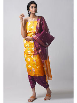 Unnati Silks - Unstitched Orange Pure Bandhani Cotton Salwar Kameez (Set of 3)