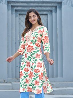 KAFTANIZE - Off White Base Peach Floral Print With Embroidered Straight Long Kurta