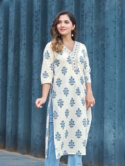 KAFTANIZE - Off White Base Floral Print With Embroidered Straight Long Kurta