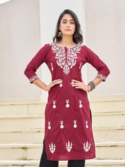 KAFTANIZE - Maroon With Intricate White Thread Placement Floral Embroidered Kurta