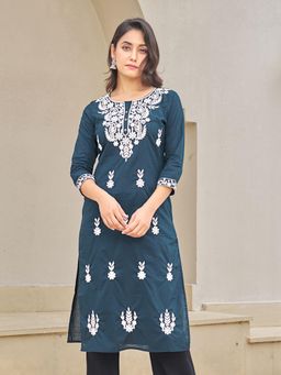 KAFTANIZE - Dark Peacock Blue With Intricate White Thread Placement Floral Embroidered Kurta