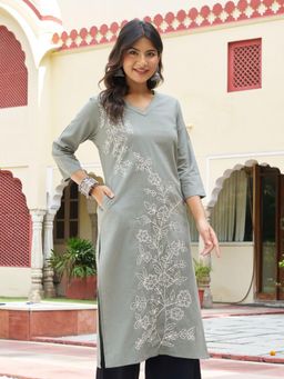 KAFTANIZE - Greyish Olive With Delicate White Floral Embroidery Ethnic Kurta