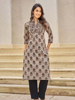 KAFTANIZE - Brown Floral Print Sequin Embellished Long Kurta