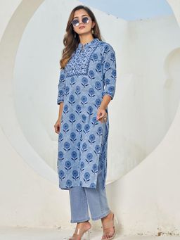 KAFTANIZE - Blue Floral Print Sequin Embellished Long Kurta