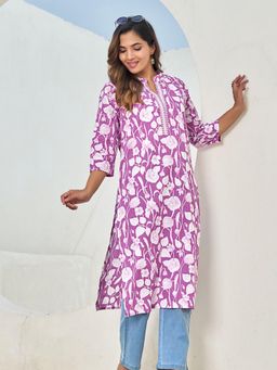 KAFTANIZE - Pink Sequin-Embellished Floral Printed Long Kurta