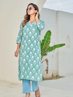 KAFTANIZE - Blue Floral Printed Embellished Ethnic Long Kurta