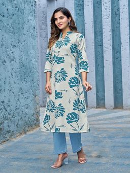 KAFTANIZE - Peacock Blue Bold Floral Printed Wooden Button Long Kurta