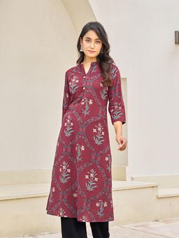 KAFTANIZE - Maroon Floral Printed Fabric Button Long Kurta