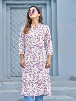 KAFTANIZE - Lavender Lace Detailed Floral Printed Pleated Kurta