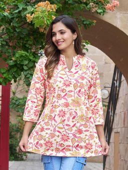 KAFTANIZE - White Floral Printed Pintuck Cotton Kurti