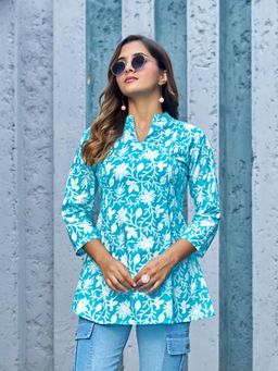 KAFTANIZE - Sky Blue Floral Printed Pintuck Cotton Kurti