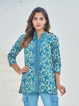 KAFTANIZE - Blue Floral Print Short Cotton Kurti