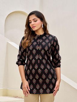 KAFTANIZE - Black Hand Block Print Short Cotton Kurti