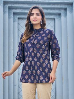 KAFTANIZE - Navy Blue Hand Block Print Short Cotton Kurti