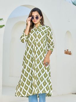 KAFTANIZE - Olive Ikkat Print Cotton Long Kurta