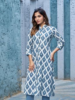 KAFTANIZE - Greyish Blue Ikkat Print Cotton Long Kurta