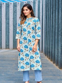 KAFTANIZE - Blue Bold Floral and Stripe Printed Long Kurta