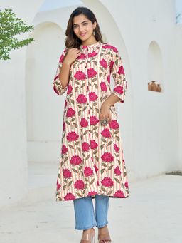 KAFTANIZE - Pink Floral and Stripe Printed Long Kurta