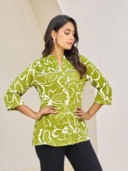 KAFTANIZE - Green Bold Floral Print Ladder Lace Detailed Kurti