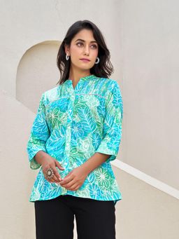 KAFTANIZE - Blue Bold Leaf Floral Print Ladder Lace Detailed Kurti