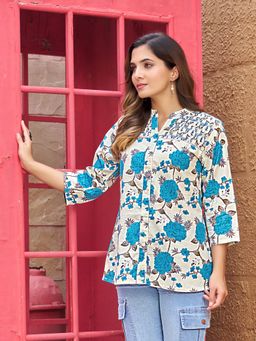 KAFTANIZE - Off White Bold Floral Print Ladder Lace Detailed Kurti