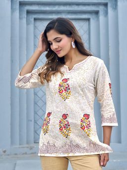 KAFTANIZE - Off White Floral Border Hand Block Print Kurti