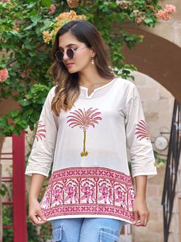 KAFTANIZE - White Bold Palm Tree Motif Kurti